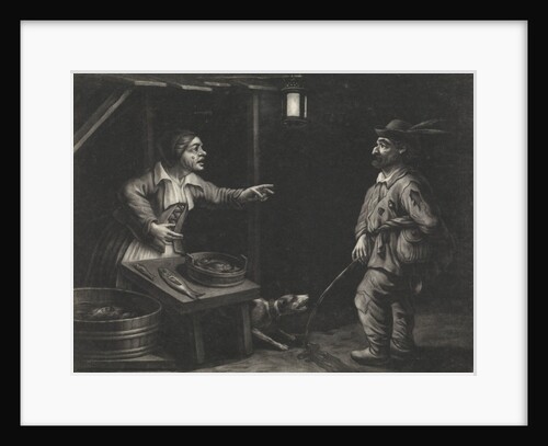 Night scene of a fishmonger and a man urinating by Jan van der Bruggen