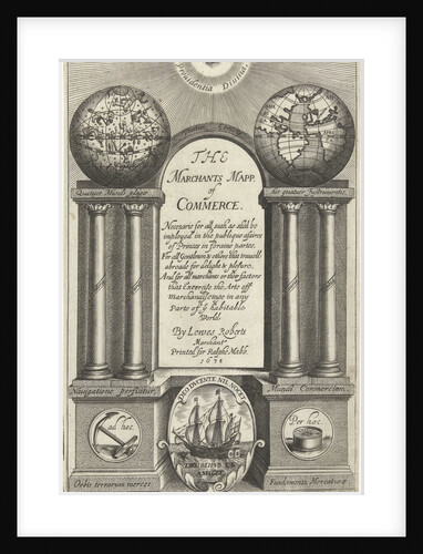 Seeing eye looks down on architecture awarded with world globe and celestial globe on pillars on either side of title by Ralph Mabb