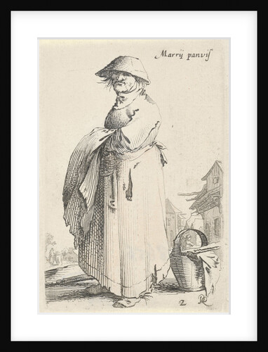 Woman with towel on her arm behind her basket on the ground by Salomon Savery