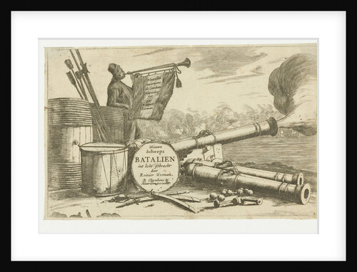 Title page with the equipment of a warship and a trumpet player by Reinier Nooms