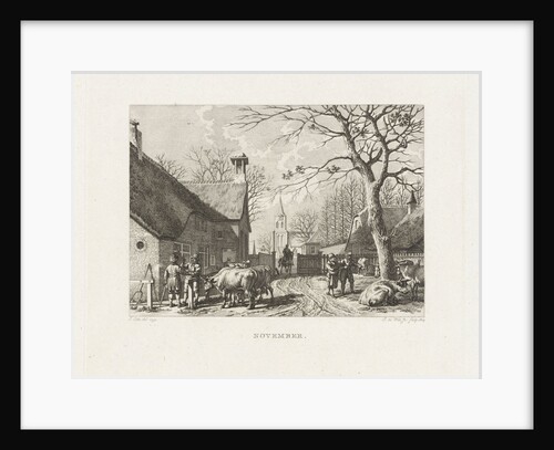 Farmers negotiate near oxen in a village by Izaak Jansz. de Wit