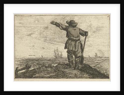 Dune landscape with a waving man leaning on a shovel by Jan Porcellis