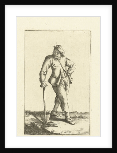 Farmer leaning on shovel by unknown