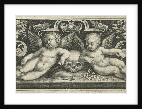 Two fighting children, riding on goats, flanked by children who blow the trumpet by Nicolaes de Bruyn