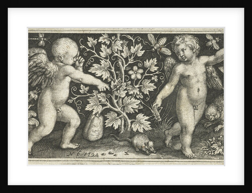 Two angels on either side of squash, pumpkin, or gourd by Nicolaes de Bruyn