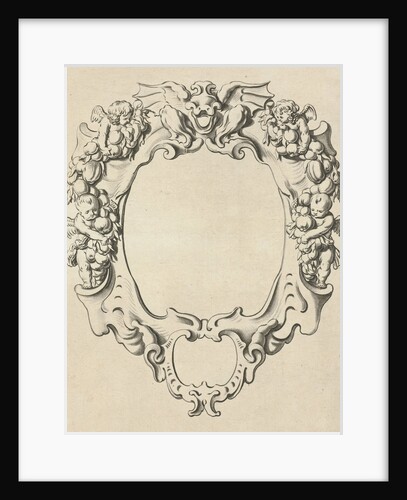 Cartouche with lobe ornament with four angels by Nicolaes Visscher I
