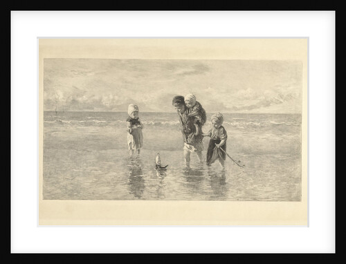 Four children playing with toy boat on the beach in shallow seawater by Frans Buffa en Zonen