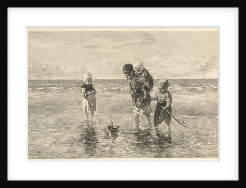 Four children playing with toy boat on the beach in shallow seawater by Carel Lodewijk Dake