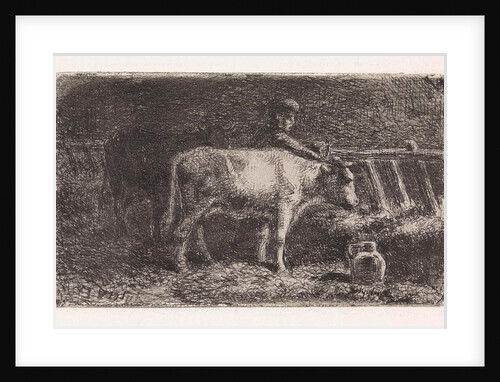 Farmer between two cows in a manger in a stable (small version) by Jan Vrolijk