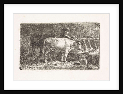 Farmer between two cows in a manger in a stable (small version) by Jan Vrolijk