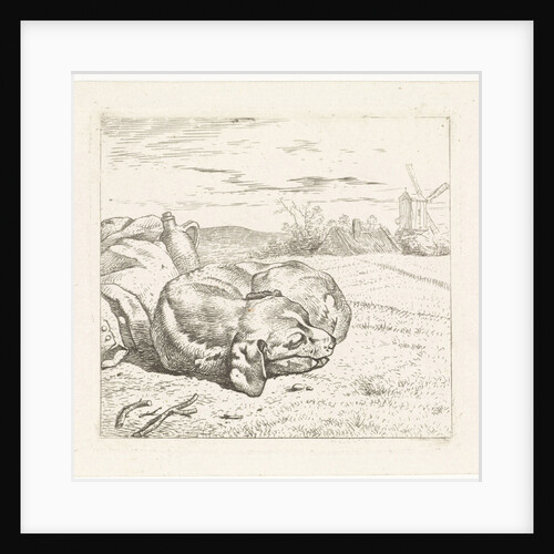 Sleeping dog with windmill in the background by Wouter Johannes van Troostwijk