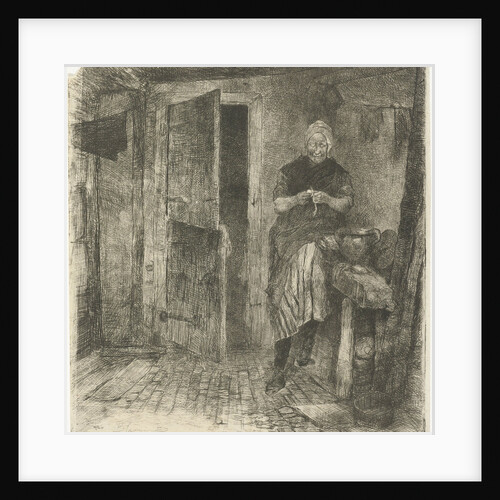 Seated woman peeling potatoes near an door open by Bernardus Johannes Blommers