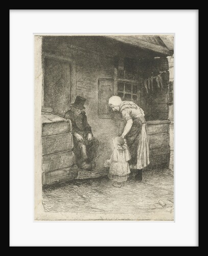 Woman with small child is sitting at home working for old man by Bernardus Johannes Blommers
