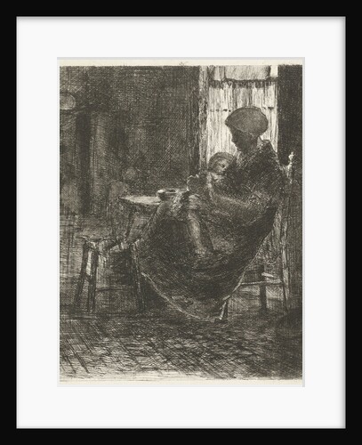Woman with a sleeping child on her lap asleep near a window by Bernardus Johannes Blommers