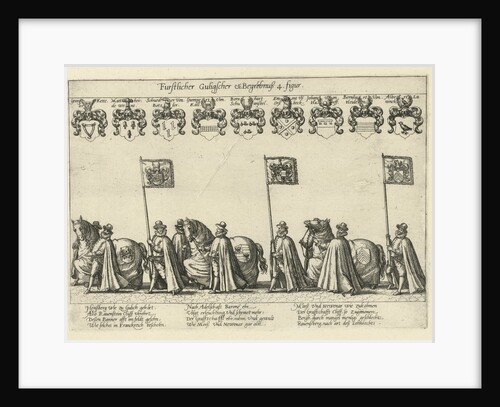 Funeral procession with horses and flag bearers by Anonymous