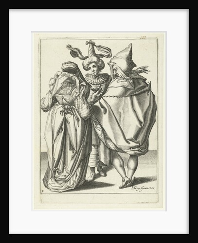 A woman dressed festively, a man in a cape and a masked man who extends his left arm by workshop of Jacob de Gheyn II