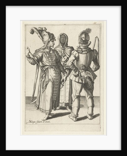 A veiled woman and two masked men, one with a cock on his belt by Jacob de Gheyn II