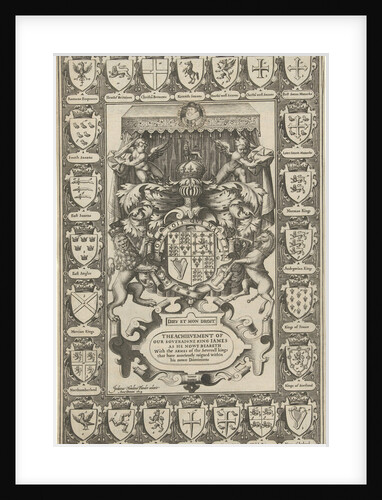 Arms of England, surrounded by weapons by Jodocus Hondius I