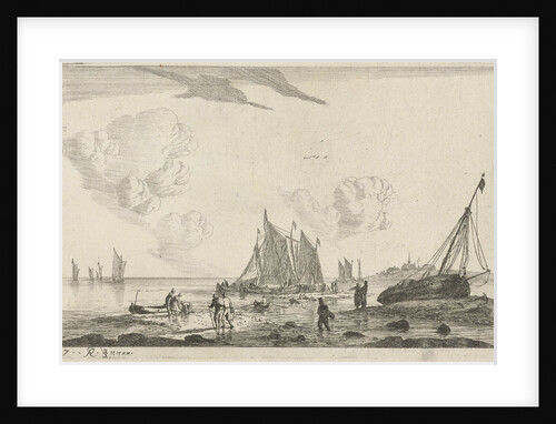 Beach with a sailing ship drawn on the sand by Reinier Nooms