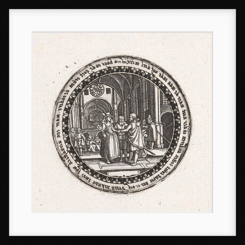 Print of a medallion with a depiction of a wedding ceremony in a church by Dirck Strijcker