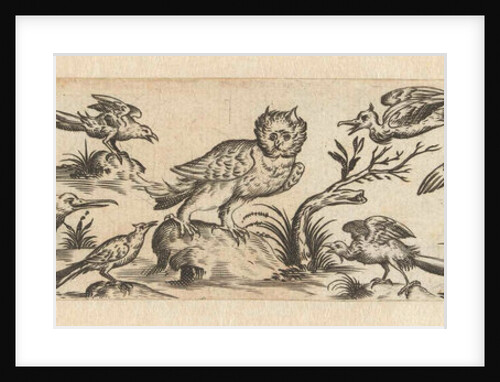 Frieze featuring eleven birds, at the left end is a tree by Claes Jansz. Visscher II