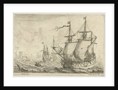 Seascape with several ships at a wharf by Reinier Nooms