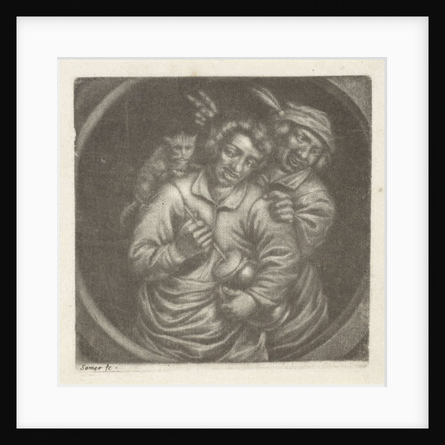 Rommelpotspeler, friction drum player, with a cat by Adriaen Brouwer