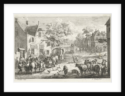 Village with travelers and cattle traders at inn by A.F. Bargas