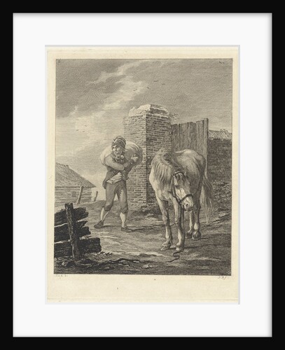 Man with bag on shoulder near unsaddled horse by Jan Anthonie Langendijk Dzn