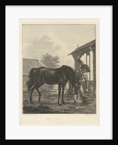 Man lets a horse drink from a bucket by Jan Anthonie Langendijk Dzn