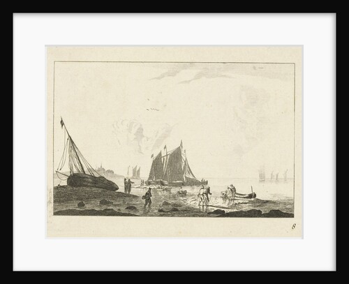 Beach with a sailing ship on the sand by Reinier Nooms