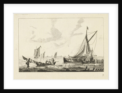 Backwater with sailboats and fishermen on the shore by Reinier Nooms