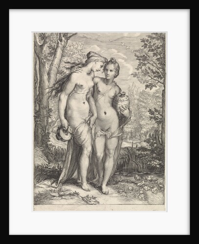 Two of Diana's nymphs with pitchers by Hendrick Goltzius