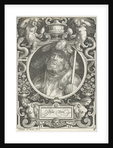 Portrait of Joshua medallion inside rectangular frame with ornaments by Nicolaes de Bruyn