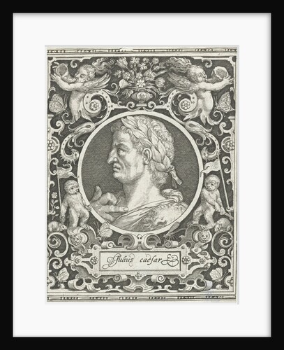 Portrait of Julius Caesar in medallion inside rectangular frame with ornaments by Nicolaes de Bruyn