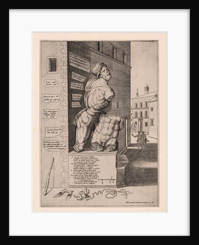 The statue Pasquino, standing on a pedestal in the Piazza di Pasquino in Rome, Italy by Antonio Lafreri