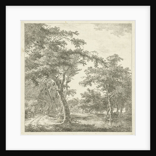 Three figures on a bridge before a house by Hermanus van Brussel