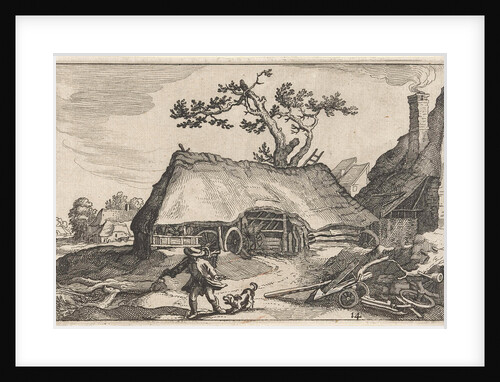 A farm, a man and a barking dog by Boetius Adamsz. Bolswert