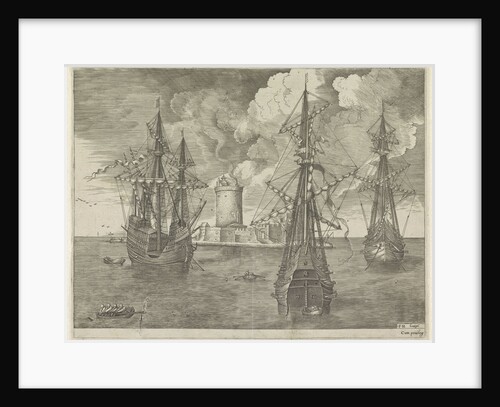 Three warships at anchor near a lighthouse by Anonymous