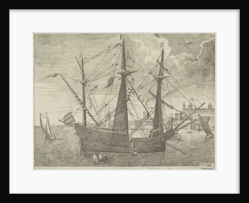 Three-master anchor at a town by unknown