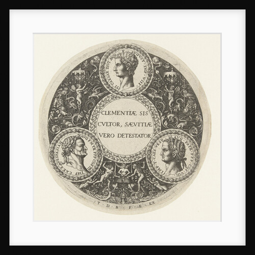 Medallion with Tiberius top center, lower left Vespasian and lower right Titus by Theodor de Bry