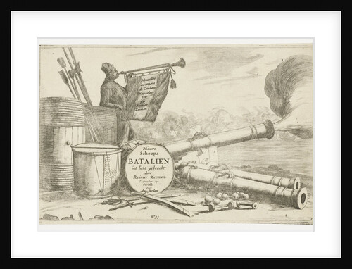 Title page with the equipment of a warship and a trumpet player by Reinier Nooms
