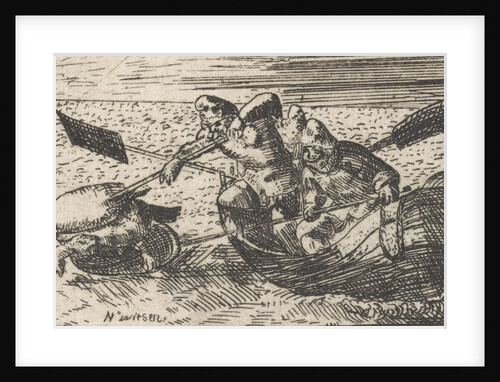 Fishermen at sea catch a turtle by Hans Bol