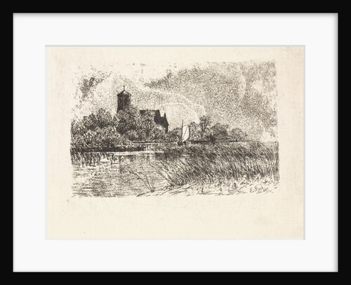 View of the Sint Urbanuskerk in Bovenkerk with on the water a sailing boat by Elias Stark