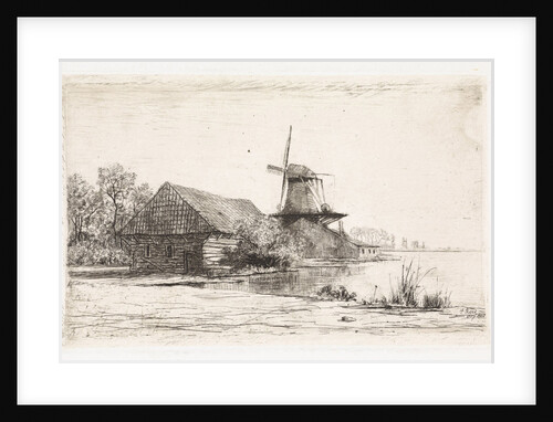 Barn and windmill on the water by Elias Stark
