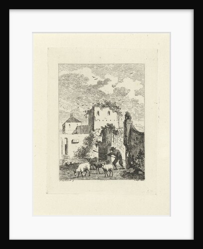 Shepherd with sheep in a village by Jan Izaak van Mansvelt