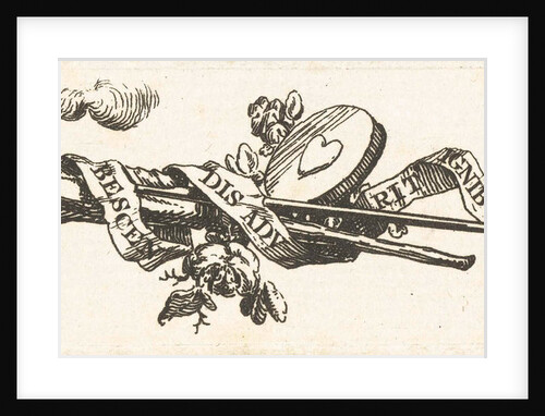 Vignette featuring a burning torch, arrow, heart and ribbon with the inscription non erubecsendis adurit ignitus by Willem Bilderdijk
