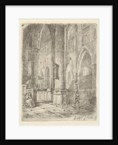 Church Interior with a boy and a seated woman by Adrianus Wilhelmus Nieuwenhuyzen