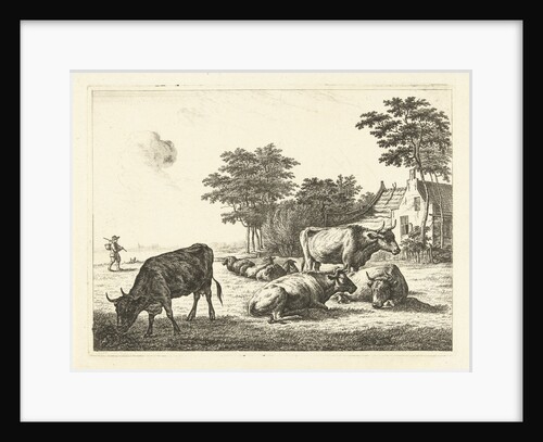 Cows and sheep lying in meadow before a farm by John of Cuylenburgh