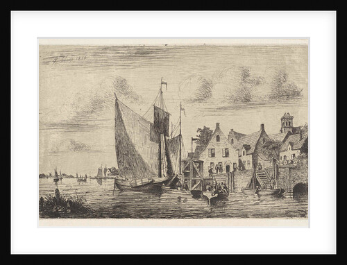 Sailing ships and boats at the wharf in a village by Henri Adolphe Schaep